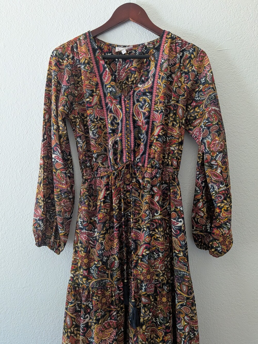 Boemo Anthropologie Boho Paisley Tiered Maxi Dress Long Sleeve Size S - Picture 3 of 10